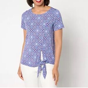 Susan Graver Printed Liquid Knit Side Tie Short Sleeve Top Large Indigo A649287